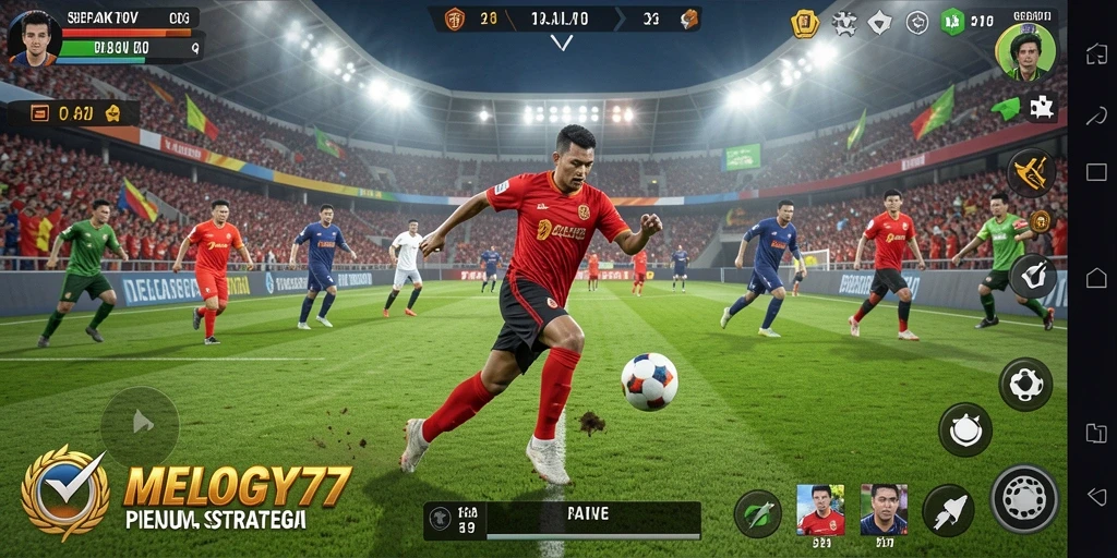 Tangkapan layar gameplay MELODY77 menampilkan aksi sepak bola yang menegangkan.